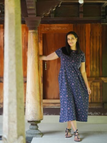 Comfort Cotton Maternity Dress - Navy with Pink Floral Print