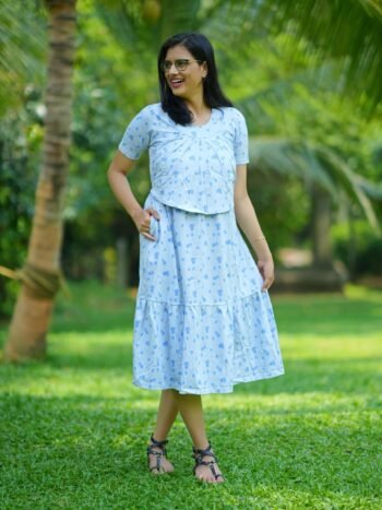Light Blue Floral 100% Cotton Tiered Maternity Dress