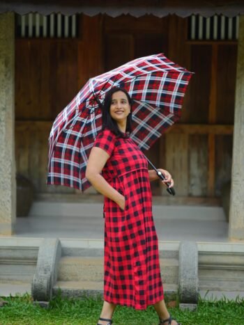 Red & Black Plaid Print High-Stretch Cotton Maternity Dress