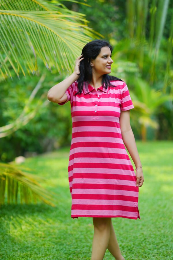 Stripe Knit Polo Dress – Rose Red & Blush Pink - Image 2