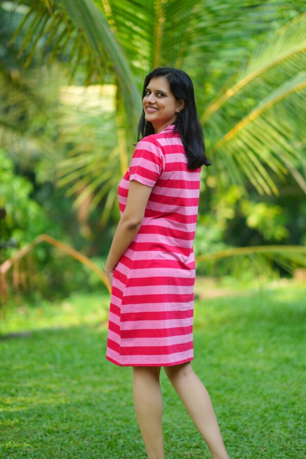 Stripe Knit Polo Dress – Rose Red & Blush Pink - Image 3