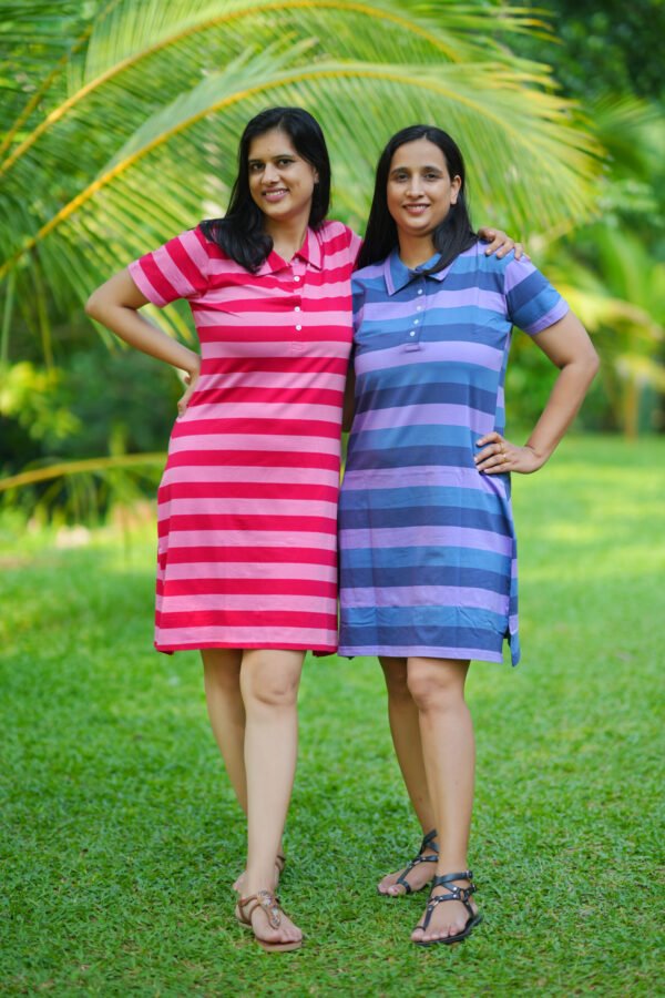 Stripe Knit Polo Dress – Rose Red & Blush Pink - Image 4