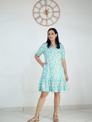 Aqua Mist Leaf Ruffle Dress