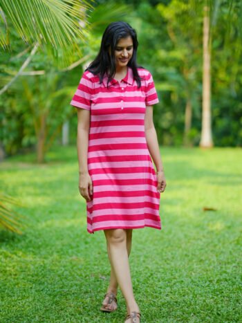 Stripe Knit Polo Dress – Rose Red & Blush Pink