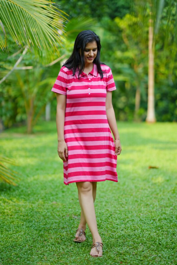 Stripe Knit Polo Dress – Rose Red & Blush Pink